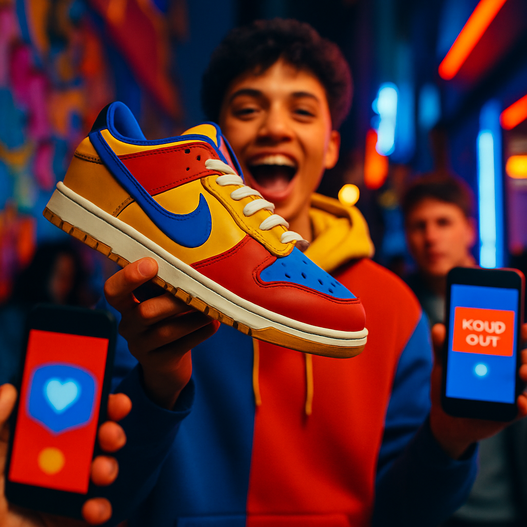 Een close-up van een paar felbegeerde, kleurrijke limited-edition sneakers die door een jongere met hun handen worden vastgehouden, met een levendige, vage graffiti-muur op de achtergrond die de straatcultuur vertegenwoordigt. De kleuren zijn levendig en contrasterend.