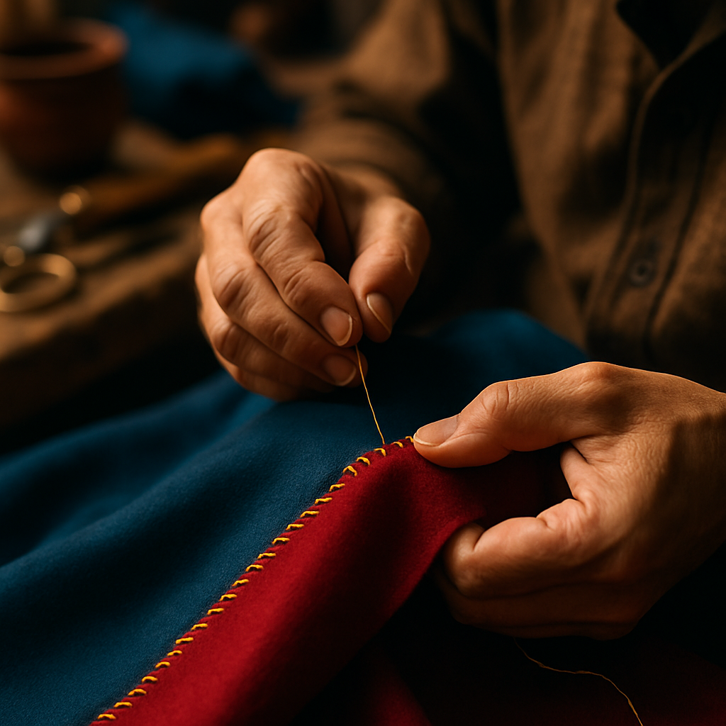 Close-up van handen die met een gouden draad een dieprode stof naaien, met de focus op de fijne details van het ambachtelijk stiksel in een workshopomgeving.