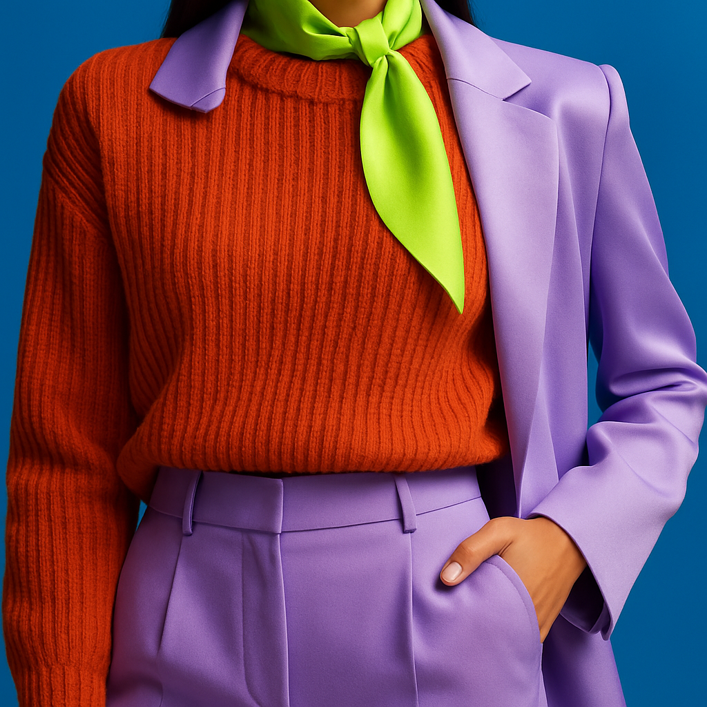 Een modebeeld met een aardetint terracotta trui, een zachtlila zijden rok en een felgroene sjaal als accent, gedragen door een model. De kleuren tonen een mix van actuele modetrends.