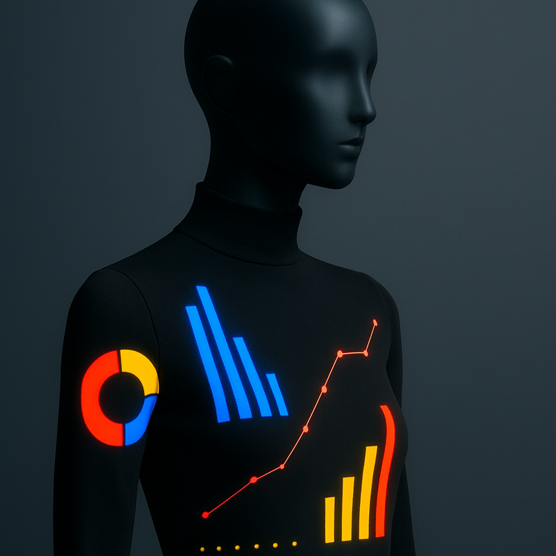 Een abstracte, kleurrijke afbeelding toont een modieuze outfit met digitale, lichtgevende datavisualisaties die eromheen zweven, wat de rol van AI in trendvoorspelling symboliseert.