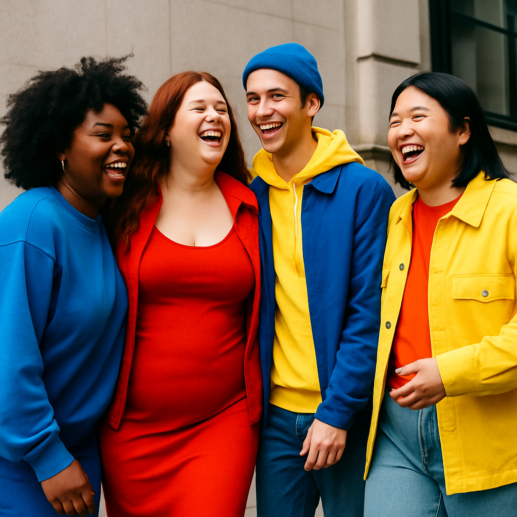 Een levendige groepsfoto van vier lachende individuen met diverse lichaamsvormen en achtergronden, gekleed in felgekleurde street style outfits. Ze staan op een stedelijke achtergrond, en de kleding benadrukt een inclusieve pasvorm en persoonlijke stijl.