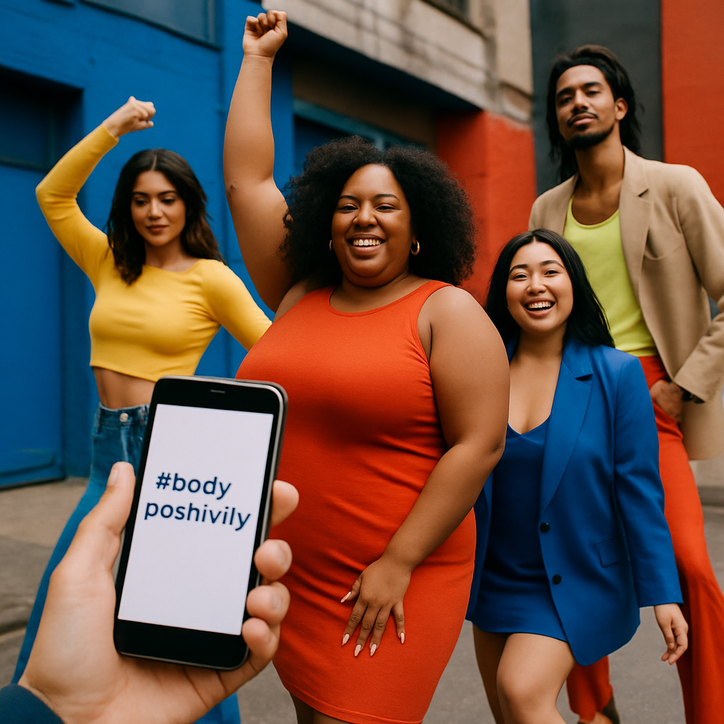 Een levendige foto met diverse jonge mensen die body positivity uitstralen. Eén persoon kijkt op een smartphone met hashtags over zelfliefde, terwijl anderen in street style outfits poseren tegen een kleurrijke achtergrond die overgaat van een stedelijke omgeving naar een modepodium. De foto toont verschillende lichaamstypes en etniciteiten, met een energieke en inclusieve uitstraling.