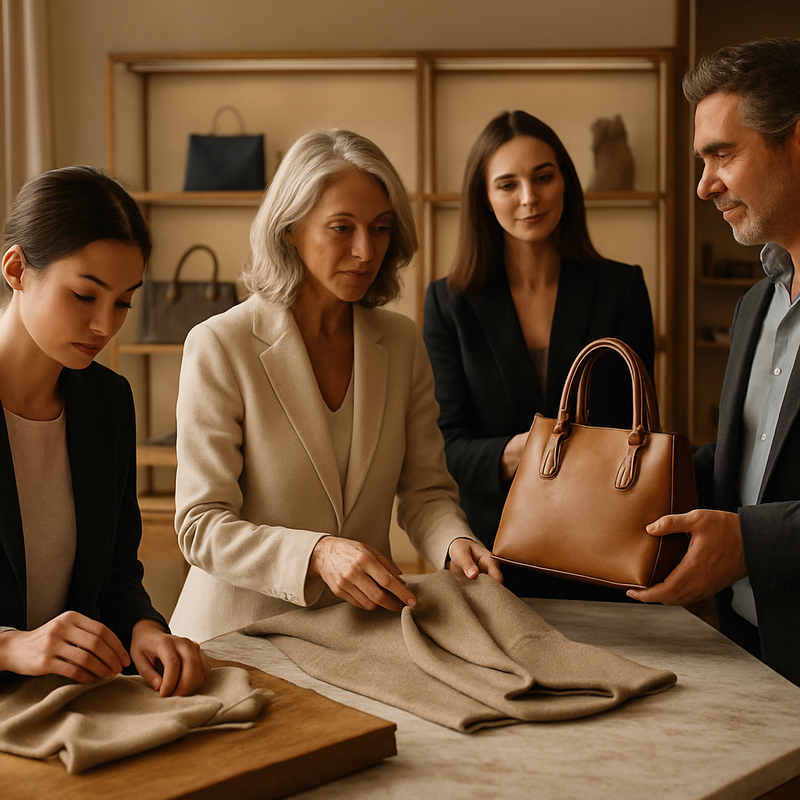 Verkoopmedewerkers in een luxe modewinkel tonen vakmanschap en klantgerichte aandacht.