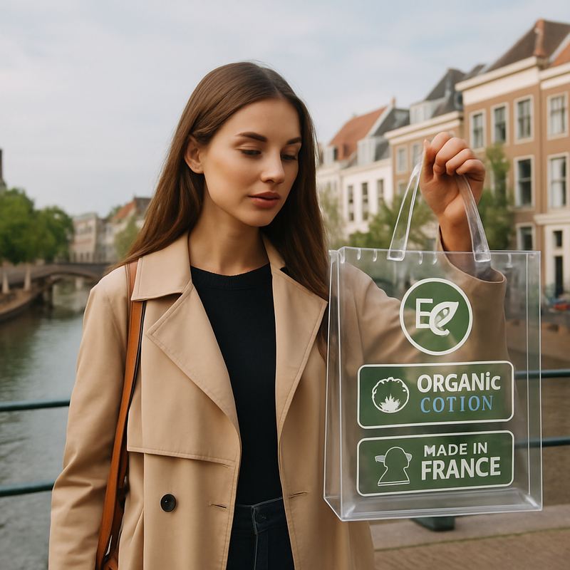 Stijlvolle jonge vrouw met digitale transparante boodschappentas met eco-labels in stedelijke omgeving