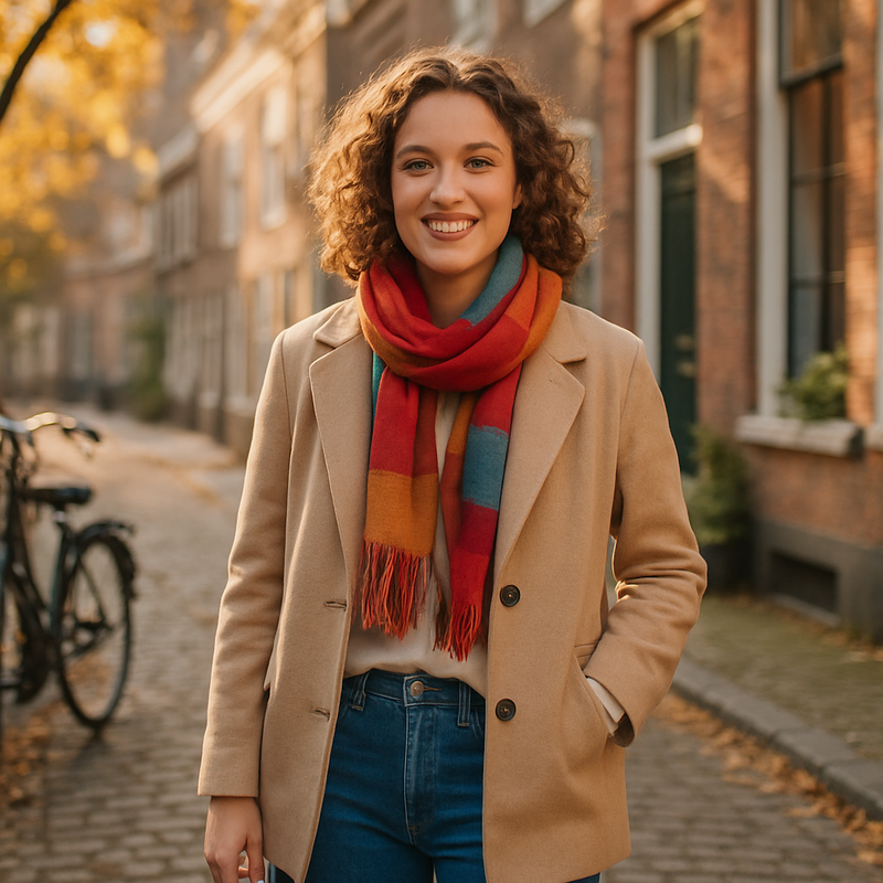 Persoon in veelzijdige capsule wardrobe kleding poseert op straat in Leiden met een fiets en herfstlicht.