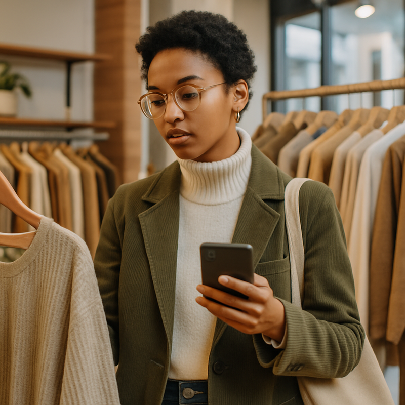 Jonge modebewuste consument met smartphone en duurzame kleding in winkel