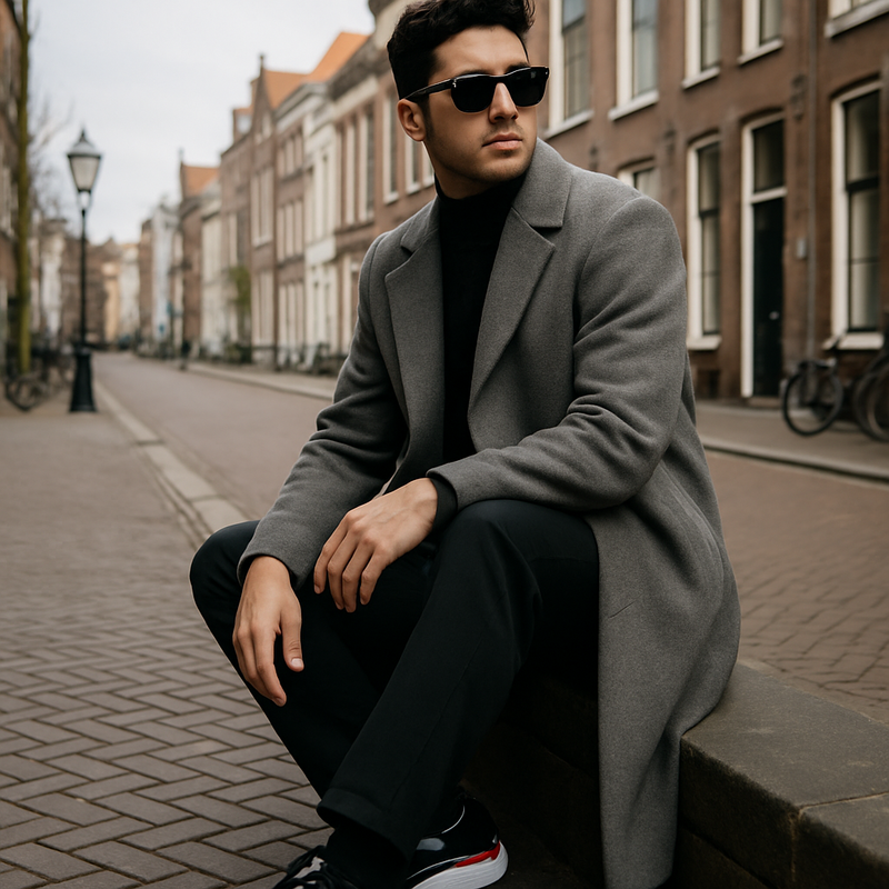 Jonge stylish persoon in Leiden met Balenciaga x PUMA sneaker en wollen jas op straat
