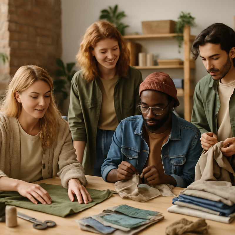 Jonge ontwerpers in een modeatelier met duurzame stoffen en reparatiemateriaal