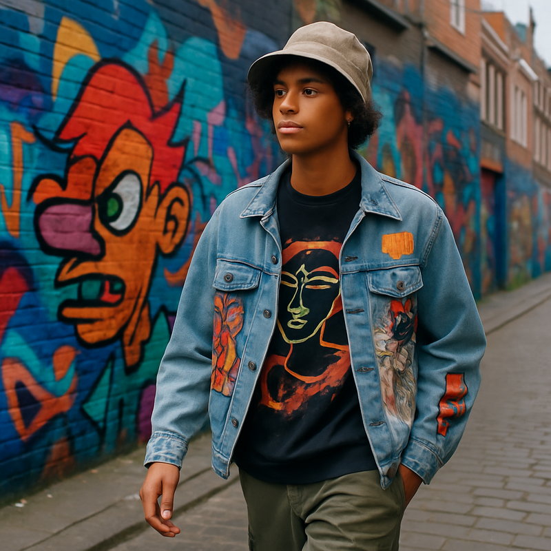 Jonge persoon draagt upcycled streetwear met artiestenprints in stedelijke omgeving met graffiti