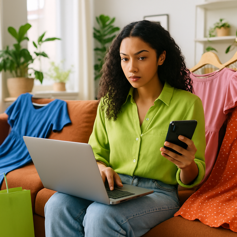 Jonge vrouw in modern appartement vergelijkt kledingopties op laptop en smartphone met gehuurde jurken om zich heen.