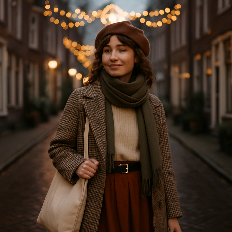 Jonge vrouw in Leiden met creatief gestylde outfit en duurzame tas, kerstverlichting op de achtergrond