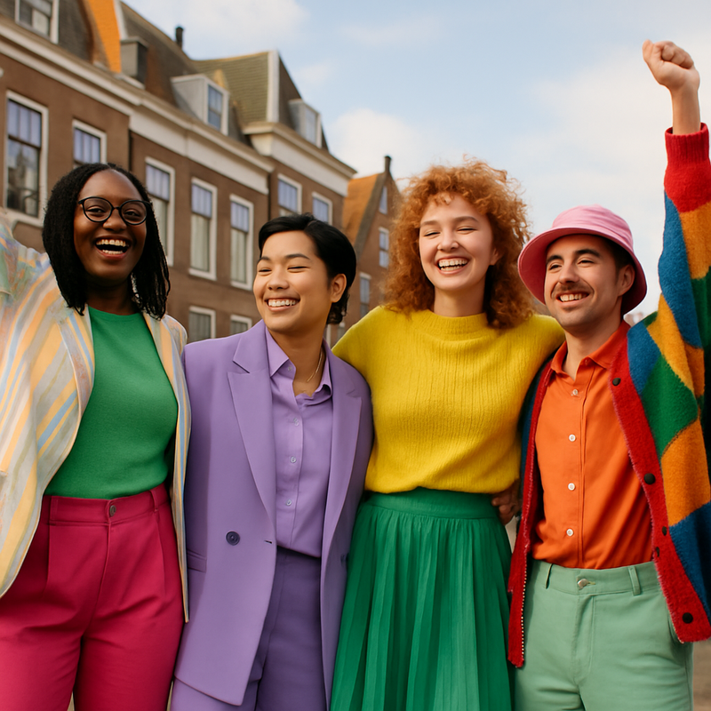 Groep diverse jonge mensen in genderinclusieve, kleurrijke queer mode in een stedelijke setting in Leiden