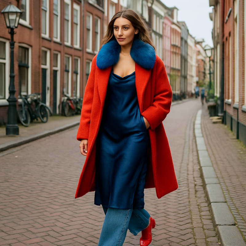 Vrouw draagt jurk over broek in levendige stadssfeer met opvallende rode mantel en gekleurde panty's