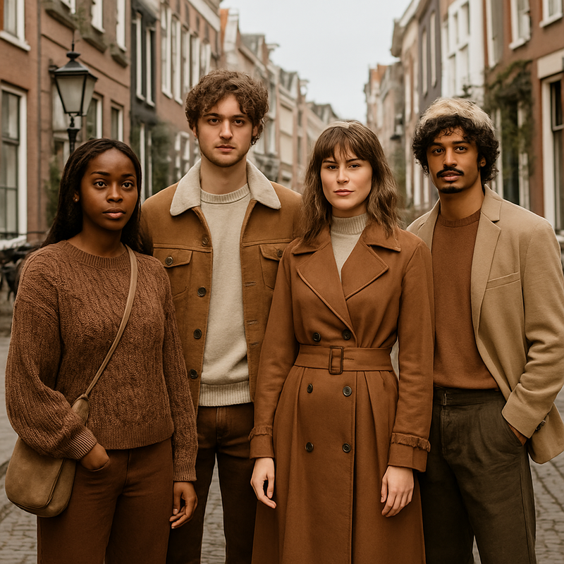Diverse mode-influencers in duurzame bruine en neutrale outfits op straat in Leiden