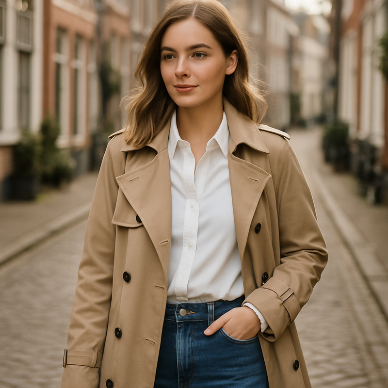 Jonge vrouw in lagen kleding met beige trenchcoat en denim in Leiden, benadrukt duurzame en seizoensloze mode.