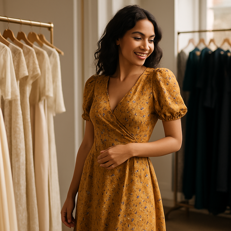 Vrouw past een gehuurde designerjurk in een modieuze boetiek