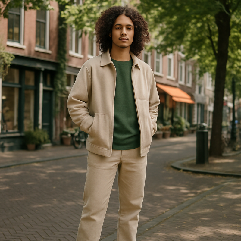 Jonge volwassene draagt duurzame sneakers en eco-vriendelijke outfit in een stedelijke omgeving in Leiden