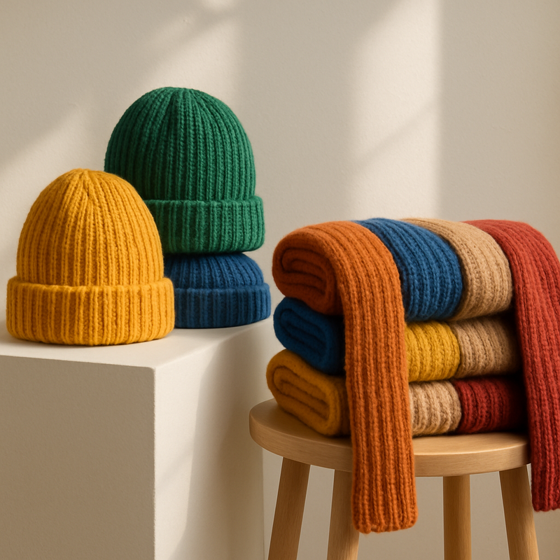 Kleurige gebreide sjaals en mutsen van duurzame kwaliteit, uitgestald op een lichte achtergrond