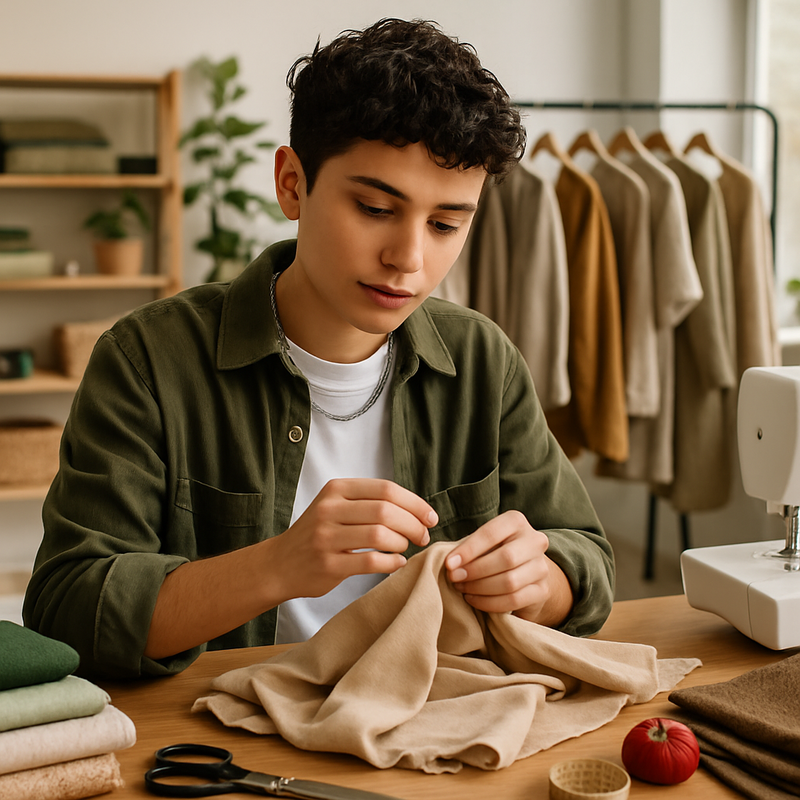 Persoon repareert kleding in atelier met duurzame textiel en tools