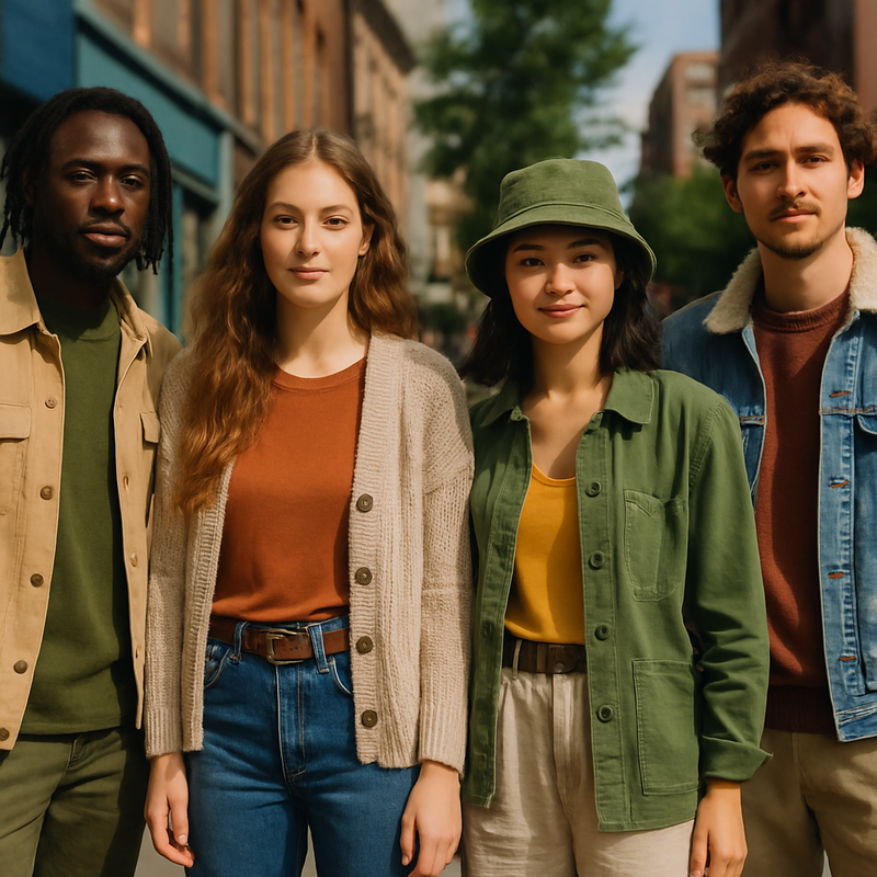Jonge mensen in duurzame en vintage kleding op straat, representatief voor subculturele modetrends