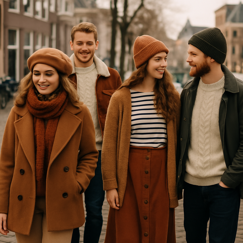 Mensen in Leiden dragen vintage en duurzame kleding in warme aardetinten op straat
