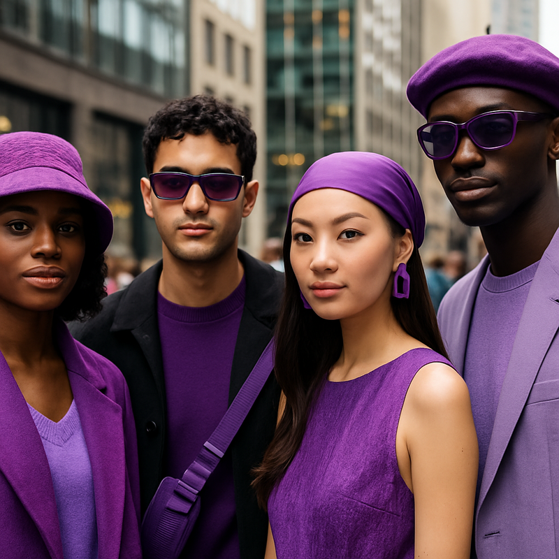 Diverse groep jonge volwassenen met paarse accessoires op een modieus evenement