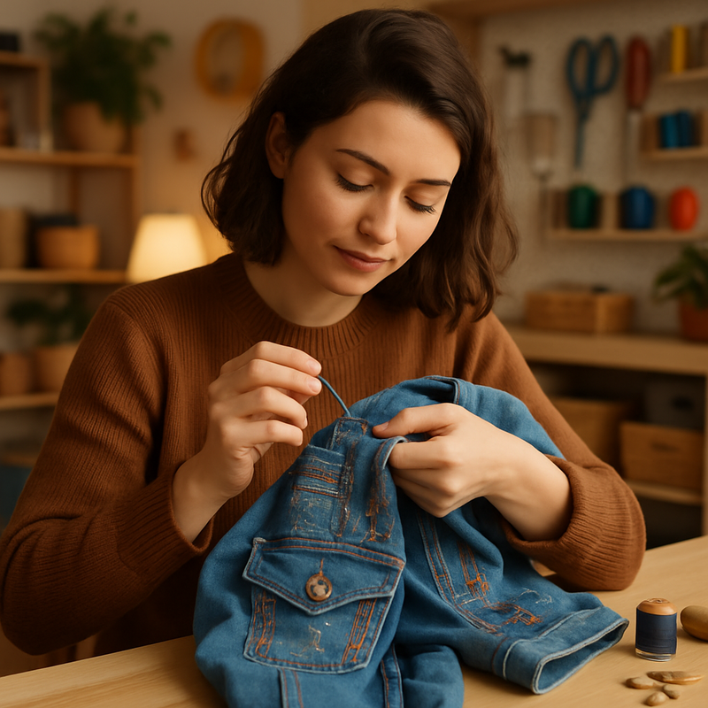 Vrouw die kleurrijke stiksels aanbrengt op een denim jas in Repair Café