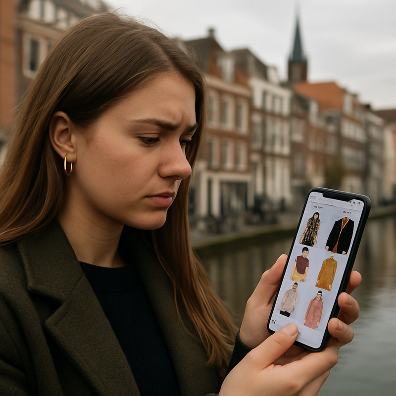 Jonge vrouw bekijkt fast fashion kleding op smartphone, stad Leiden op achtergrond