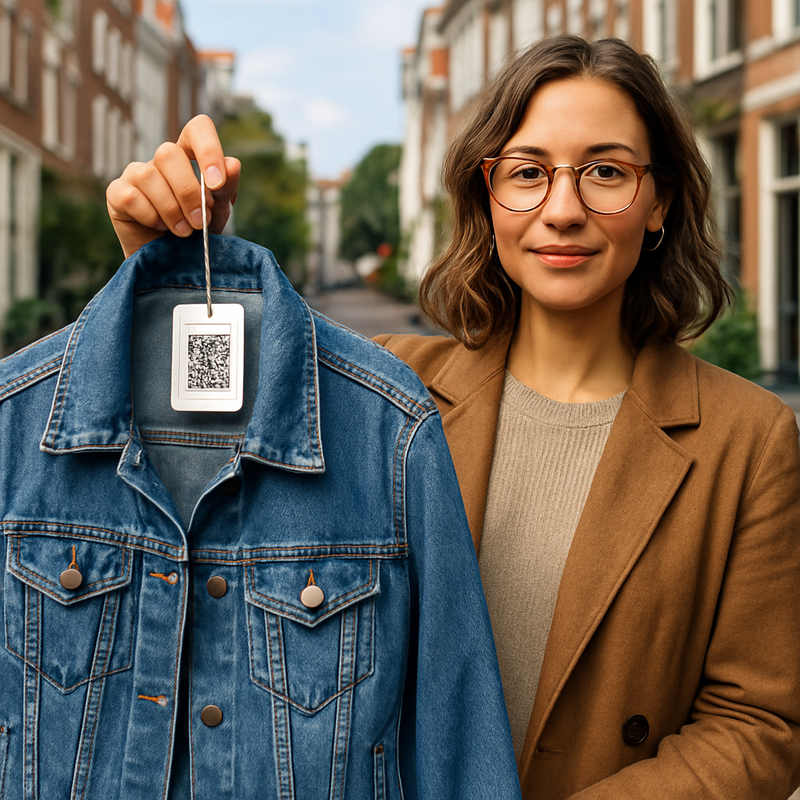 Stijlvolle jonge vrouw met duurzame denim jas en digitaal productpaspoort in een straat in Leiden