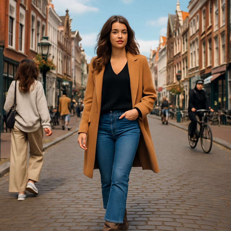 Jonge modebewuste persoon in Leiden draagt bootcut jeans, wijde broek en V-hals hakken in een urban straatbeeld.