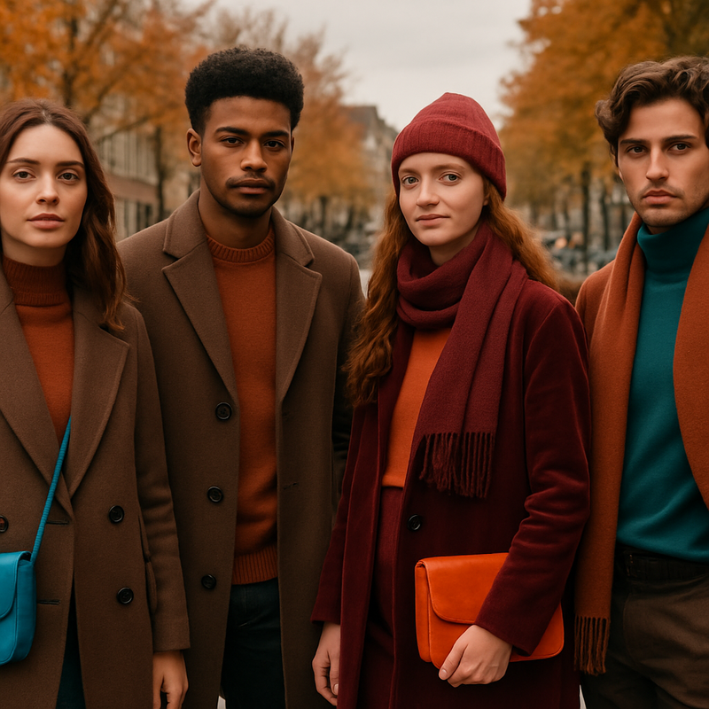 Modellen dragen warme aardetinten en heldere accessoires in een stedelijke herfstomgeving in Leiden