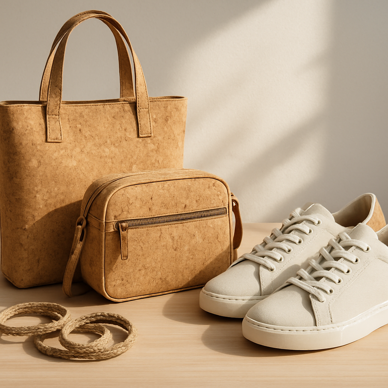 Diverse duurzame accessoires van kurk, hennep en gerecyclede materialen op een houten tafel