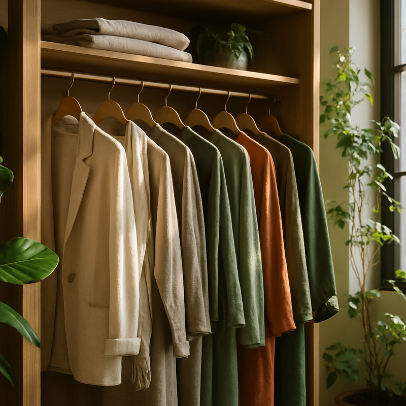 Stijlvolle duurzame stoffen in een moderne kledingkast met natuurlijk licht
