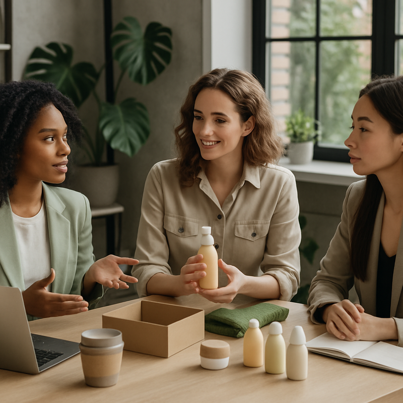 Drie vrouwelijke mode-ondernemers bespreken duurzame kleding en clean beauty producten in een moderne kantoorruimte.