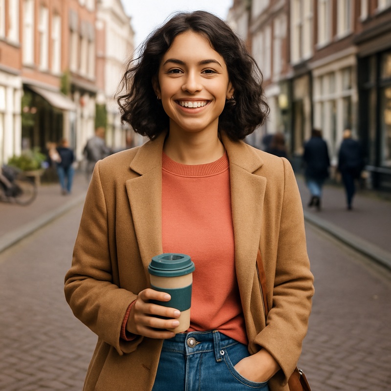 Stijlvolle jonge vrouw in tijdloze kleding met een koffie in de hand, uitstralend zelfvertrouwen en welzijn in de stad