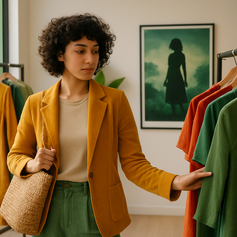 Stylish young adult woman in sustainable fashion shopping in boutique