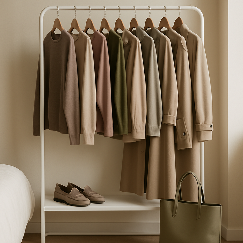 Minimalistische garderobe met neutrale kleuren en stijlvolle essentials in een lichte kamer.