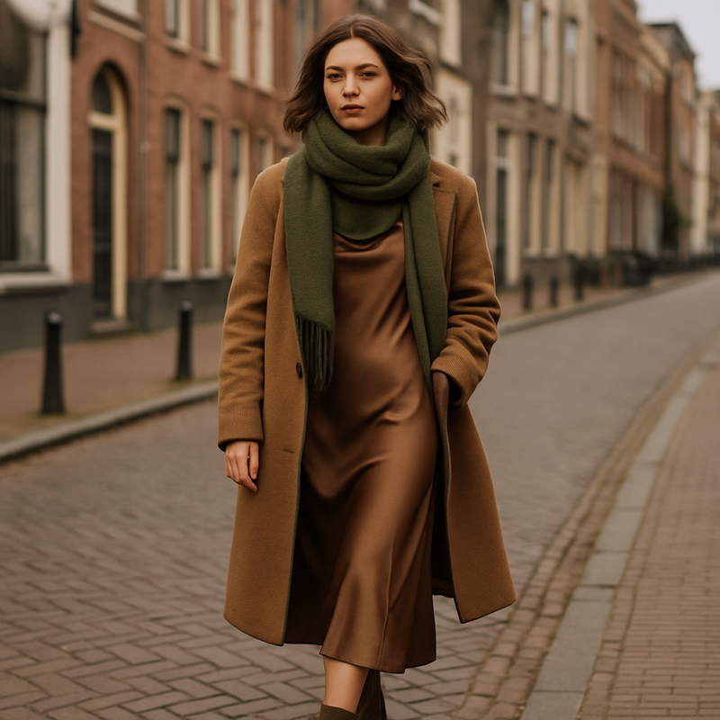 Stijlvol persoon in gelaagde wintermode met aardetinten en laarzen in Mocha Mousse in stedelijke omgeving