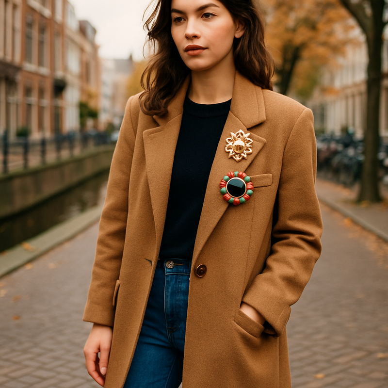 Jonge volwassene in Leiden met vintage broches en suède schoenen in een herfstachtige stadsomgeving