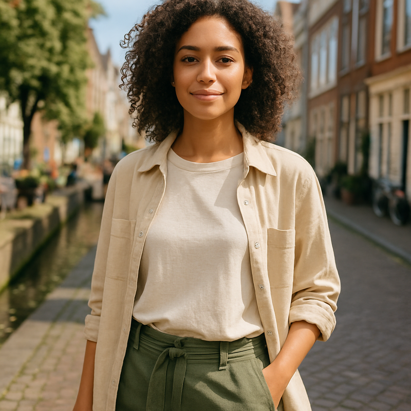 Jong persoon draagt duurzaam katoenen outfit in stedelijke omgeving, illustratie klimaatbestendige mode