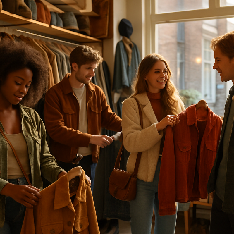Stijlvolle jonge volwassenen shoppen tweedehands kleding in een vintage winkel in Leiden