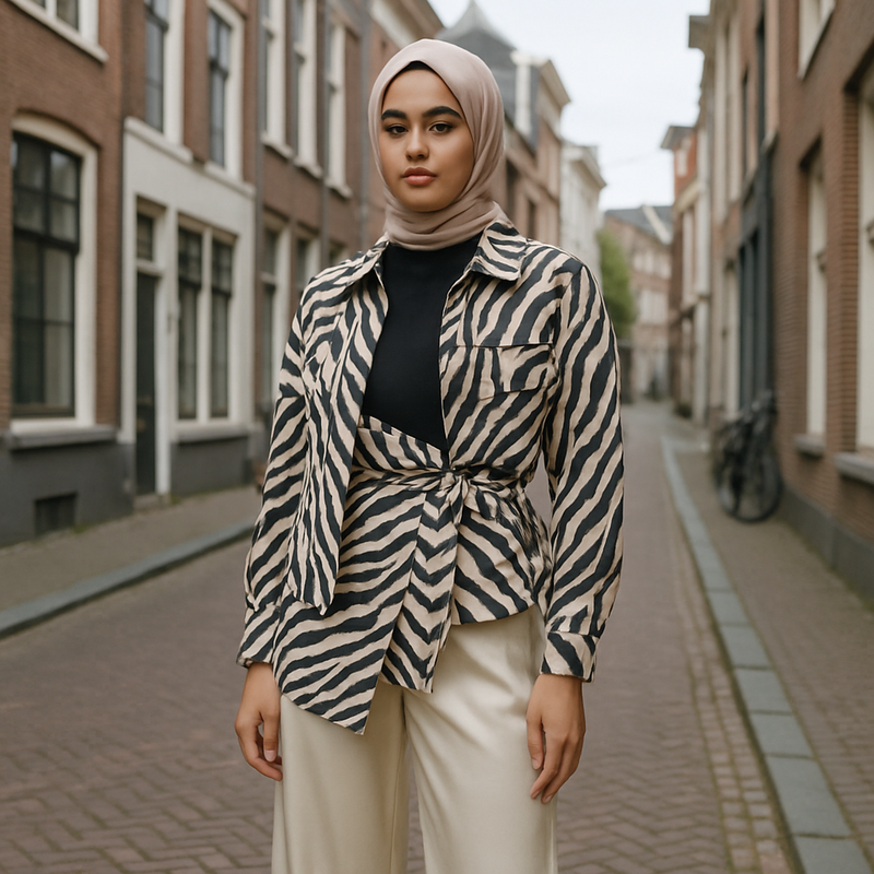 Moderne vrouw in zebraprint en satijnen broeken op een straat in Leiden