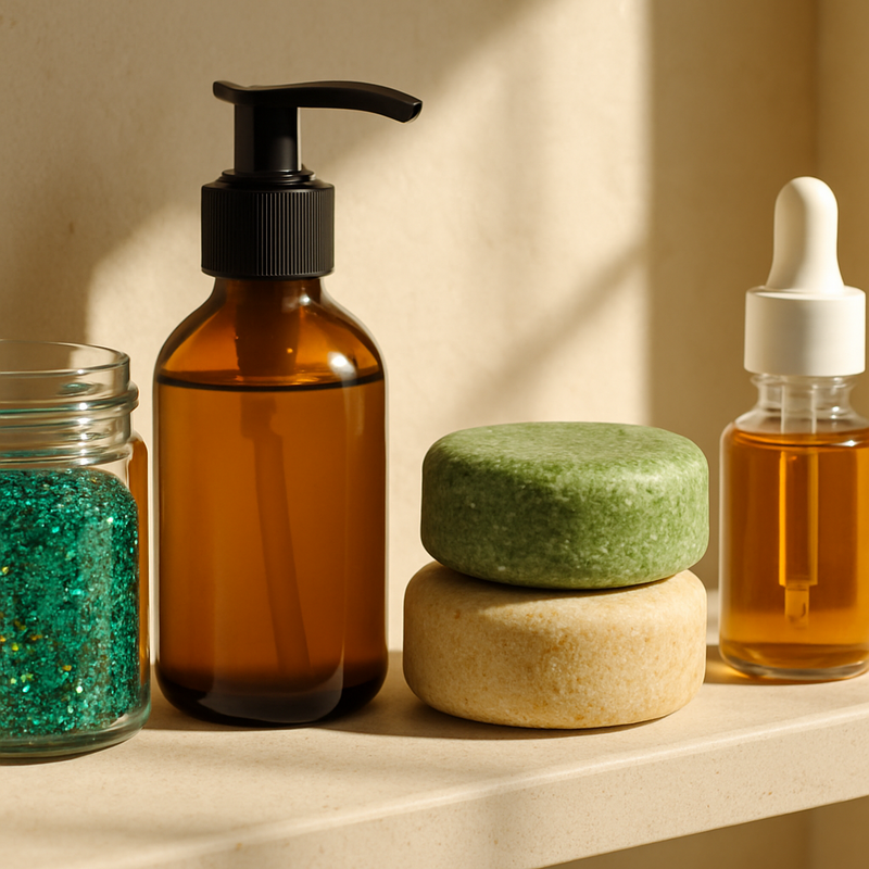 Duurzame cosmetica met plasticvrije shampoo bars en plantaardige glitters op een strakke badkamerplank