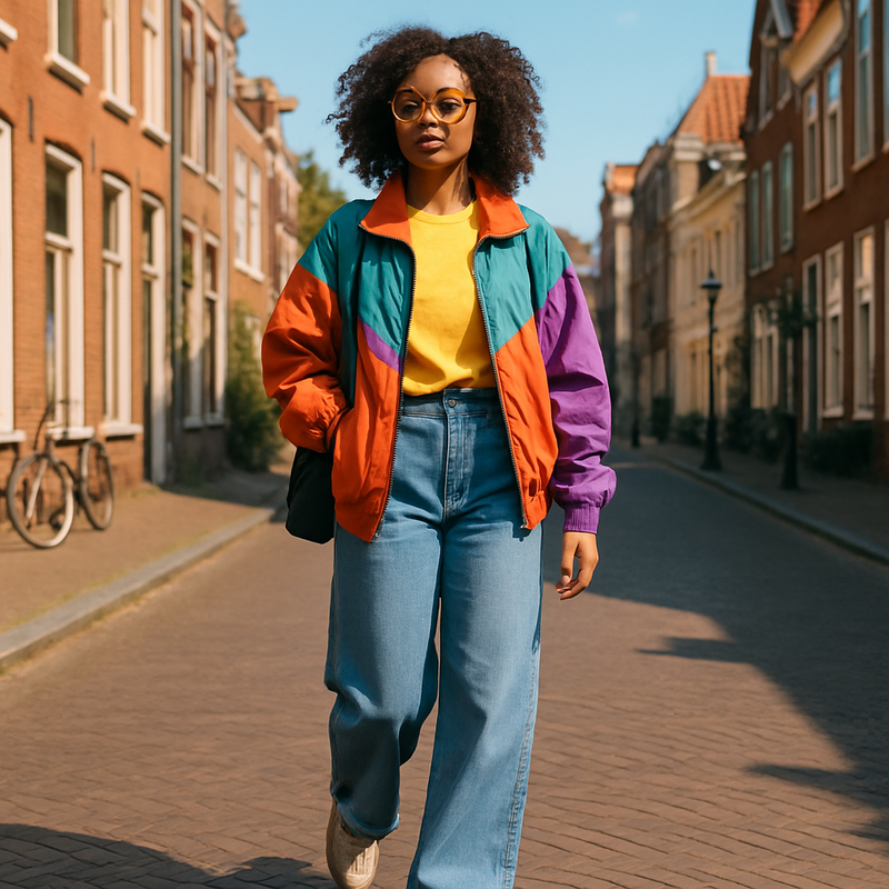 Jonge volwassene draagt retro jaren '90 sneakers en wide leg jeans in een stedelijke scene in Leiden
