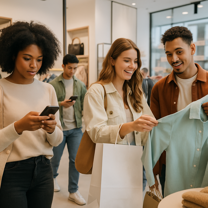 Divers jongerengroep winkelt samen in een moderne kledingwinkel met duurzame en budgetkleding