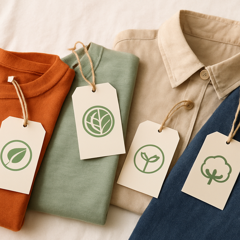 Kledinglabels met duurzame modekeurmerken in close-up