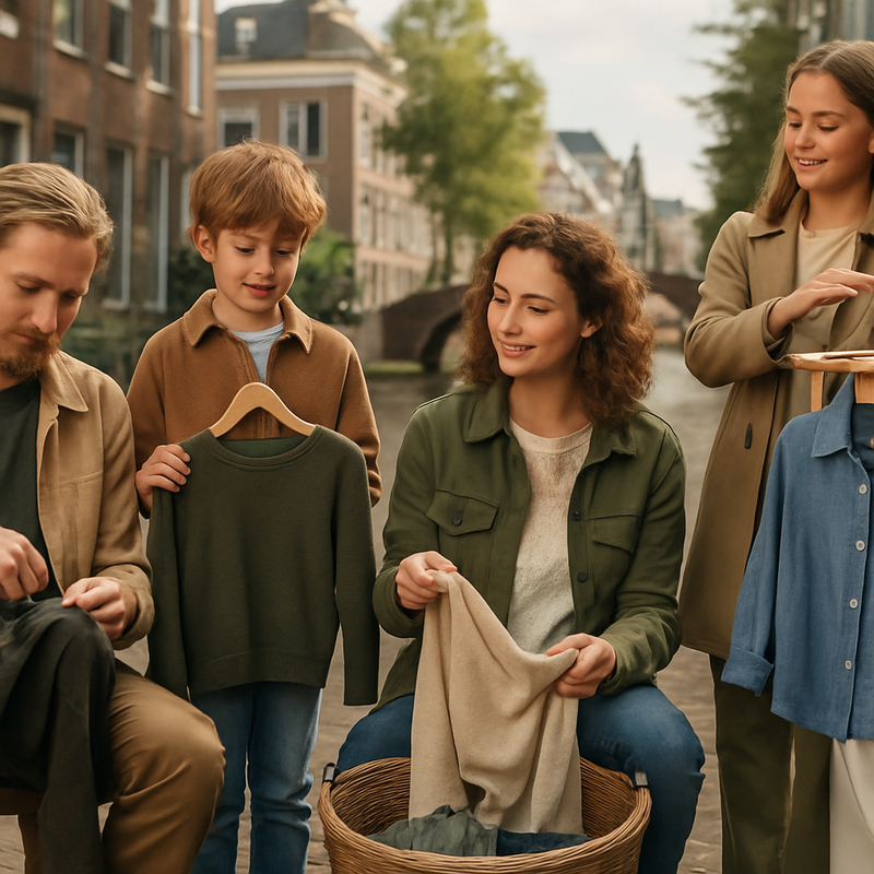 Stijlvol gezin in Leiden met duurzame kleding bezig met kledingonderhoud en reparatie