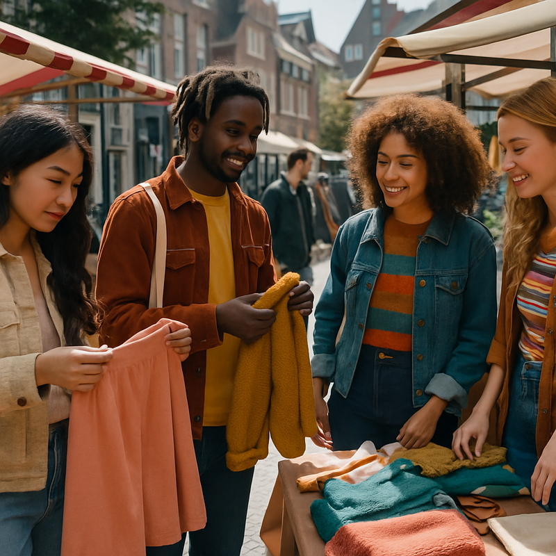 Jonge mensen winkelen bij lokale duurzame modekraampjes in Leiden onder natuurlijk daglicht.