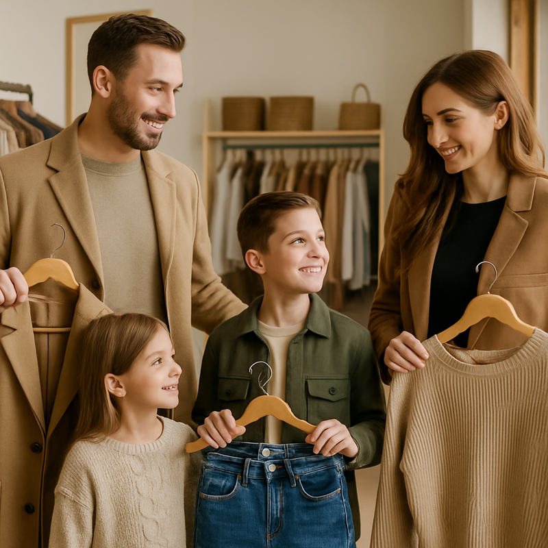 Gezin in modieuze kleding selecteert tijdloze duurzame kledingstukken in boutique