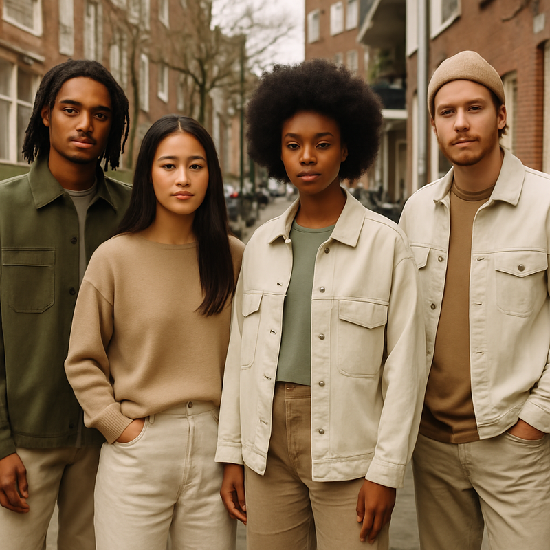 Diverse groep jonge volwassenen in duurzame en minimalistische mode in stedelijke omgeving
